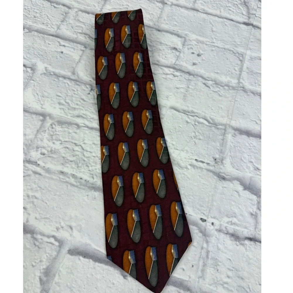 Oscar de la Renta Mens Silk Tie Burgundy Gold Geometric Vintage Made in USA EUC